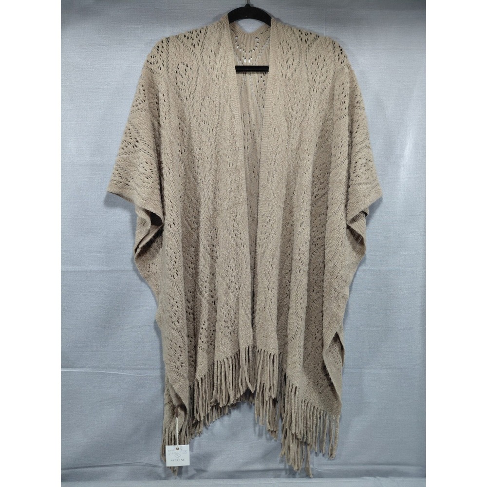 Styline Cable Knit Poncho Shawl Fringe‎ Wrap One Size Tan